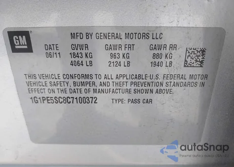 2012 Chevrolet Cruze Lt from USA, damaged, VIN 1G1PE5SC8C7100372